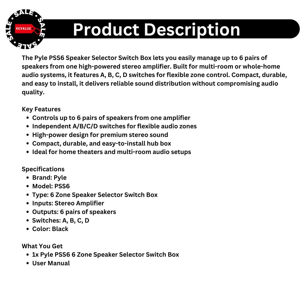 Pyle Home‎ PSS6 Premium 6-Pair Speaker Selector – Multi-Channel Audio Switch Hub - Picture 2 of 11
